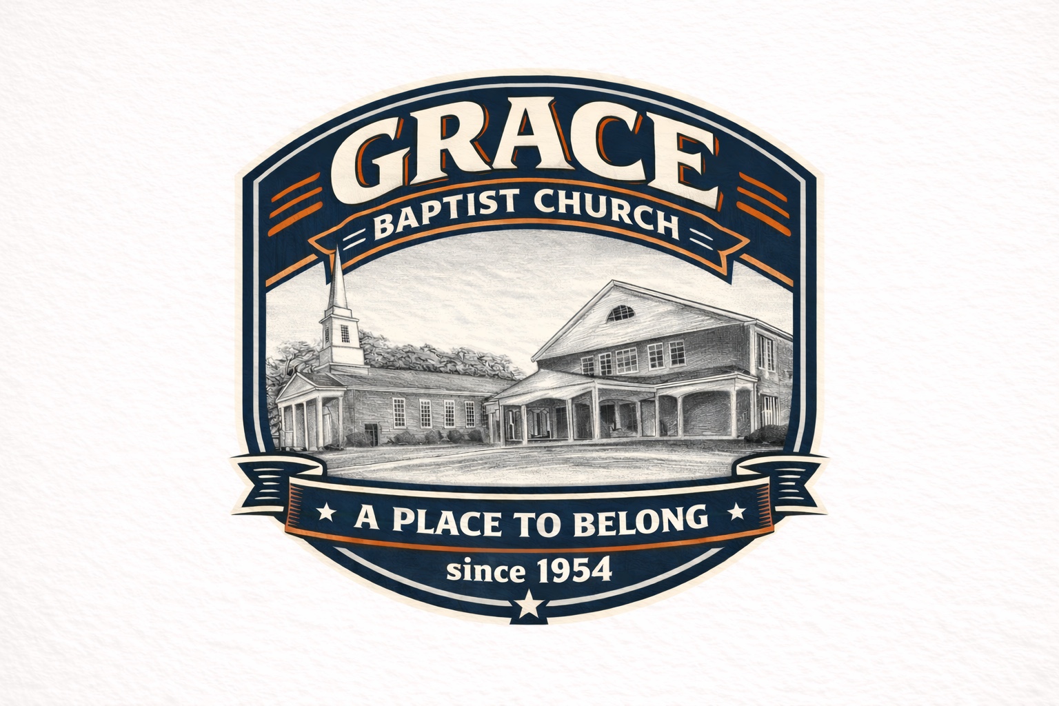 Grace Baptist Church badge with church illustration and A Place to Belong